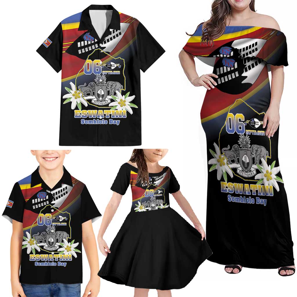 Personalized Eswatini Independece Day Family Matching Off Shoulder Maxi Dress and Hawaiian Shirt Coat Of Arms With Map - Wonder Print Shop