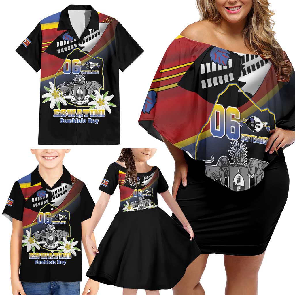 Personalized Eswatini Independece Day Family Matching Off Shoulder Short Dress and Hawaiian Shirt Coat Of Arms With Map - Wonder Print Shop