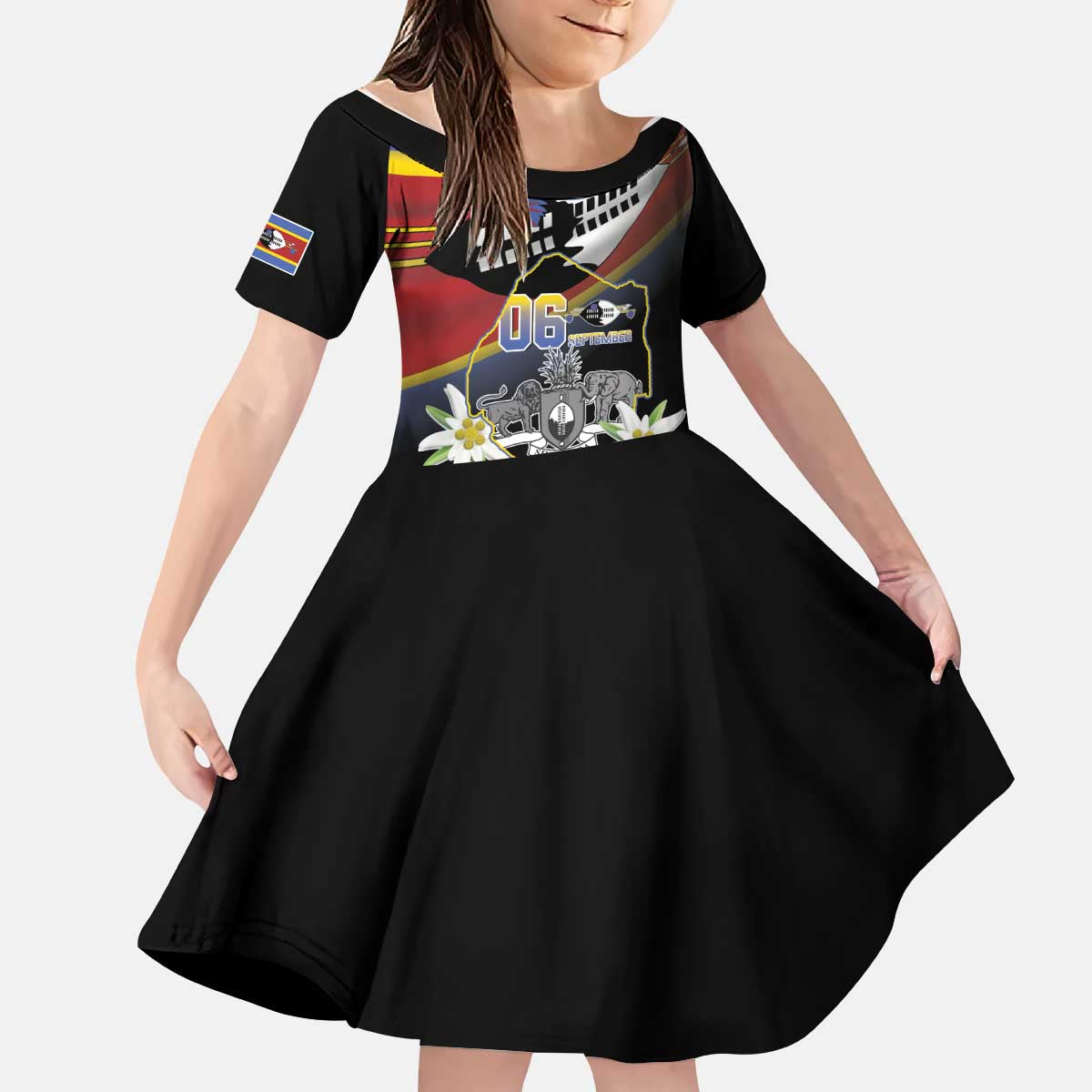 Personalized Eswatini Independece Day Kid Short Sleeve Dress Coat Of Arms With Map - Wonder Print Shop