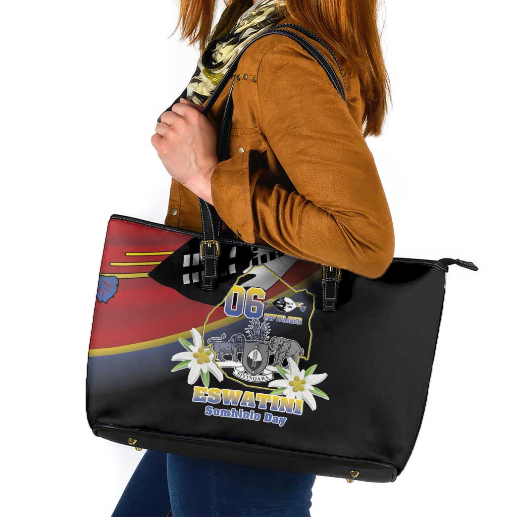 Eswatini Independece Day Leather Tote Bag Coat Of Arms With Map - Wonder Print Shop