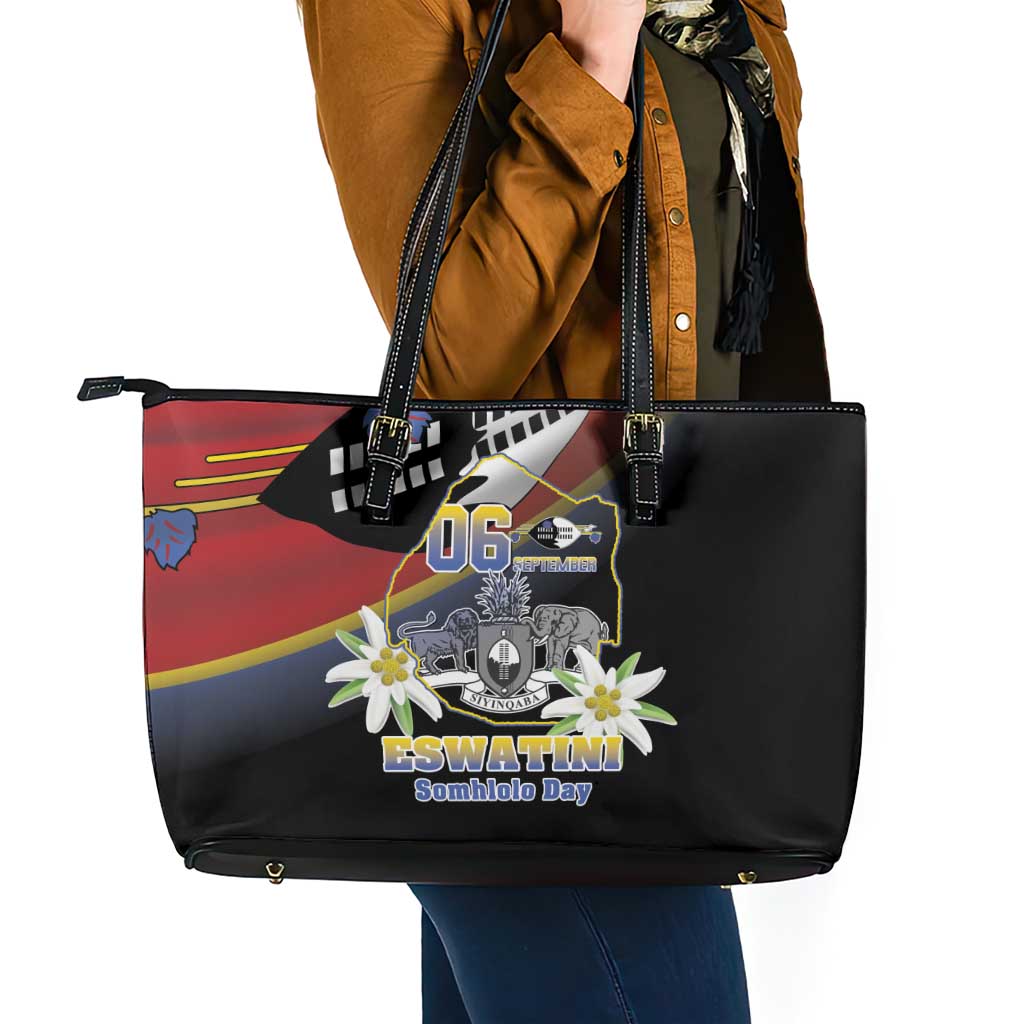 Eswatini Independece Day Leather Tote Bag Coat Of Arms With Map - Wonder Print Shop