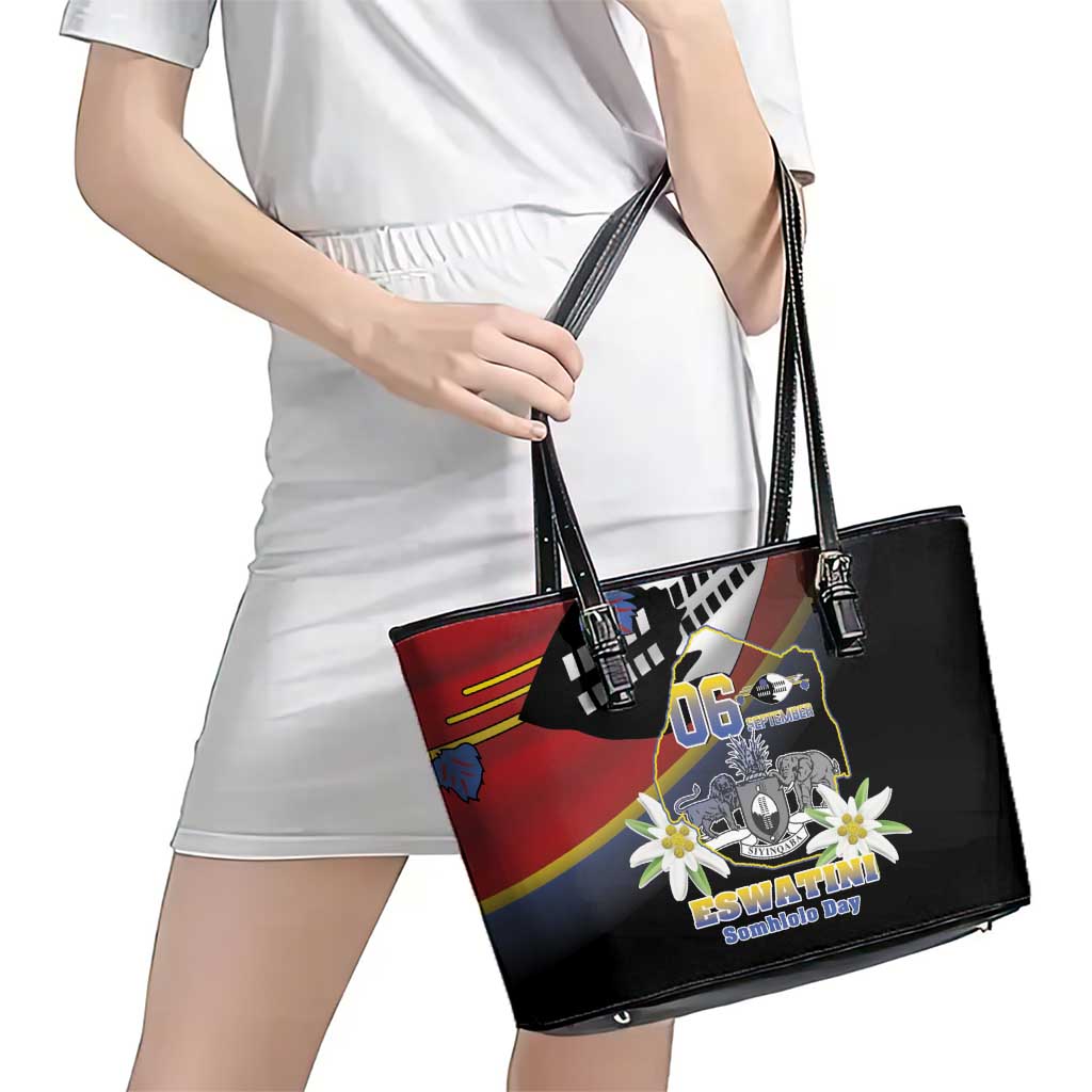 Eswatini Independece Day Leather Tote Bag Coat Of Arms With Map - Wonder Print Shop