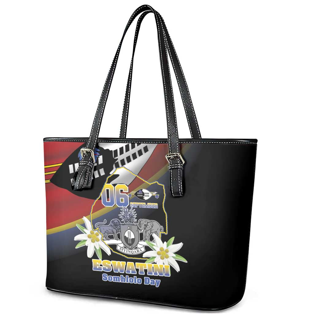 Eswatini Independece Day Leather Tote Bag Coat Of Arms With Map - Wonder Print Shop
