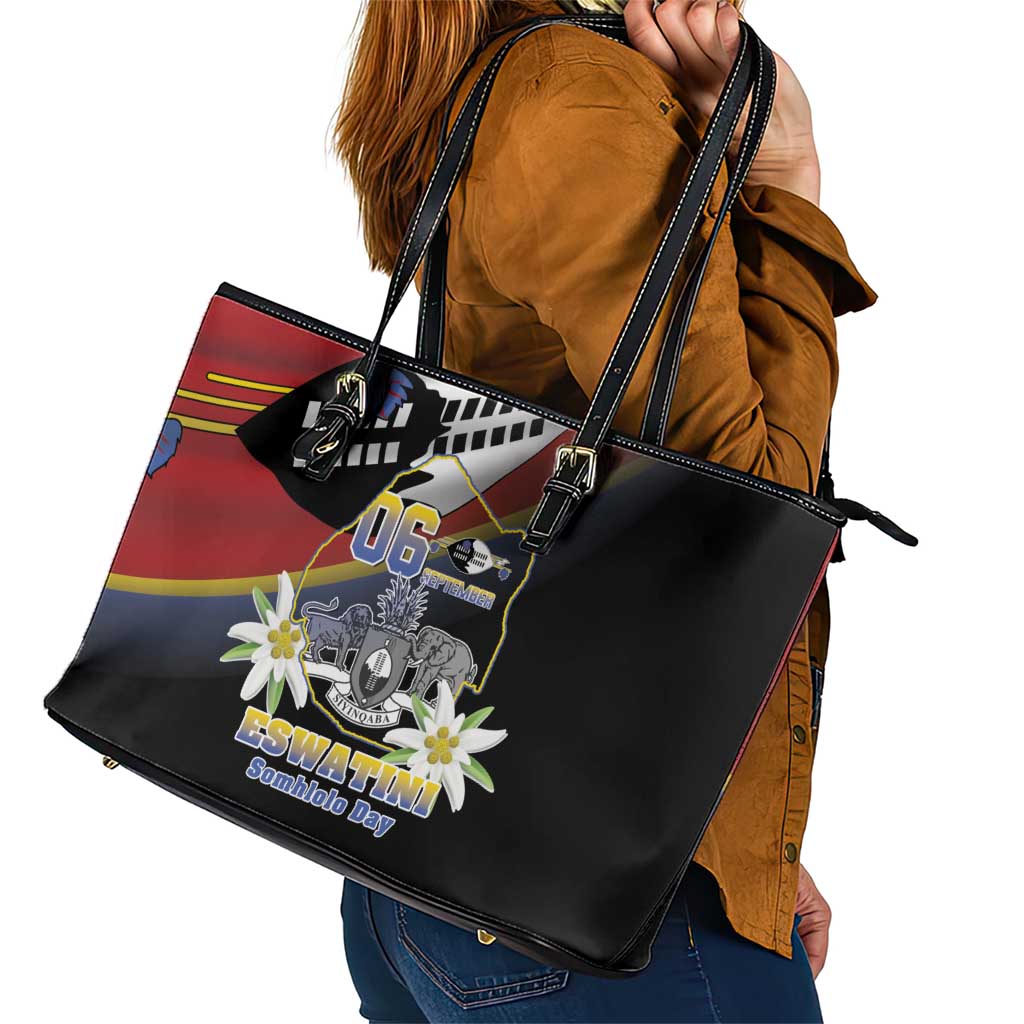 Eswatini Independece Day Leather Tote Bag Coat Of Arms With Map - Wonder Print Shop