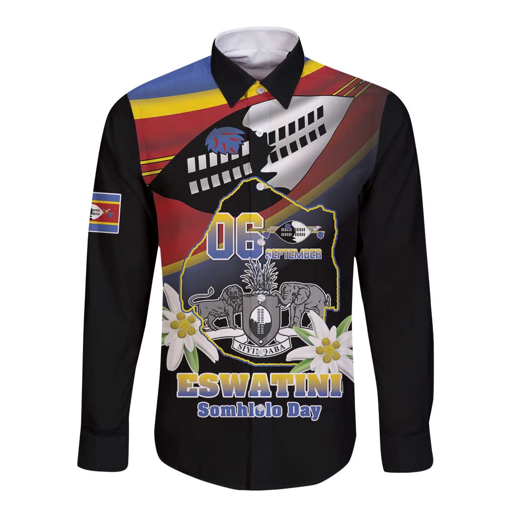 Personalized Eswatini Independece Day Long Sleeve Button Shirt Coat Of Arms With Map - Wonder Print Shop