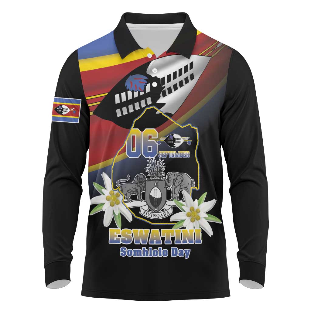 Personalized Eswatini Independece Day Long Sleeve Polo Shirt Coat Of Arms With Map - Wonder Print Shop