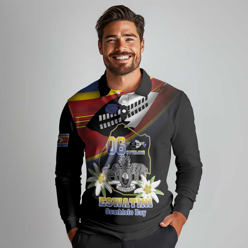Personalized Eswatini Independece Day Long Sleeve Polo Shirt Coat Of Arms With Map - Wonder Print Shop