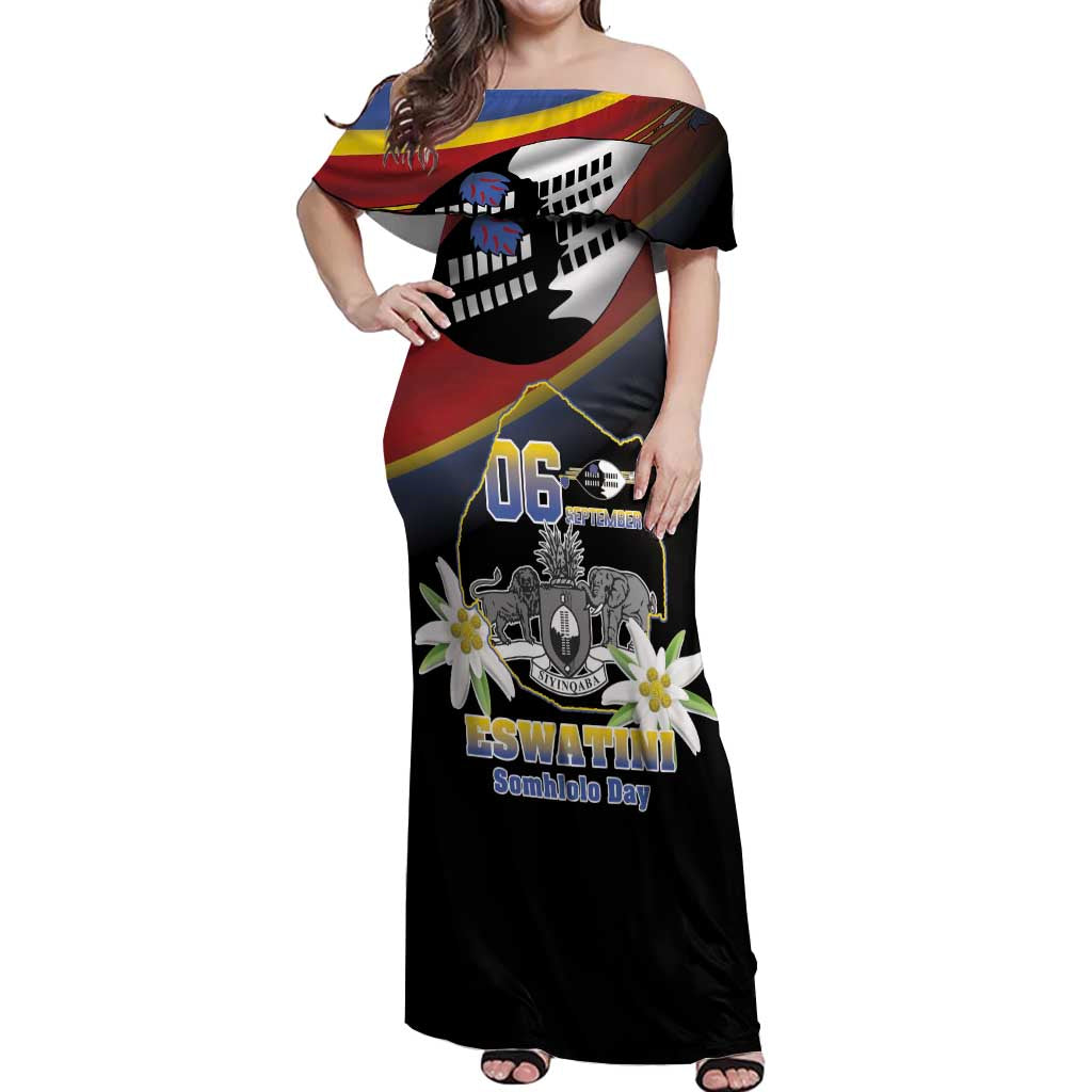 Personalized Eswatini Independece Day Off Shoulder Maxi Dress Coat Of Arms With Map - Wonder Print Shop