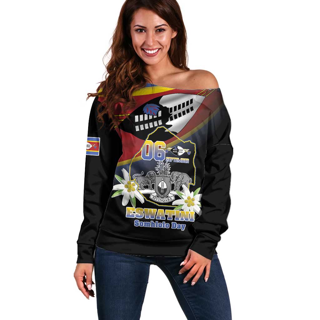 Personalized Eswatini Independece Day Off Shoulder Sweater Coat Of Arms With Map - Wonder Print Shop