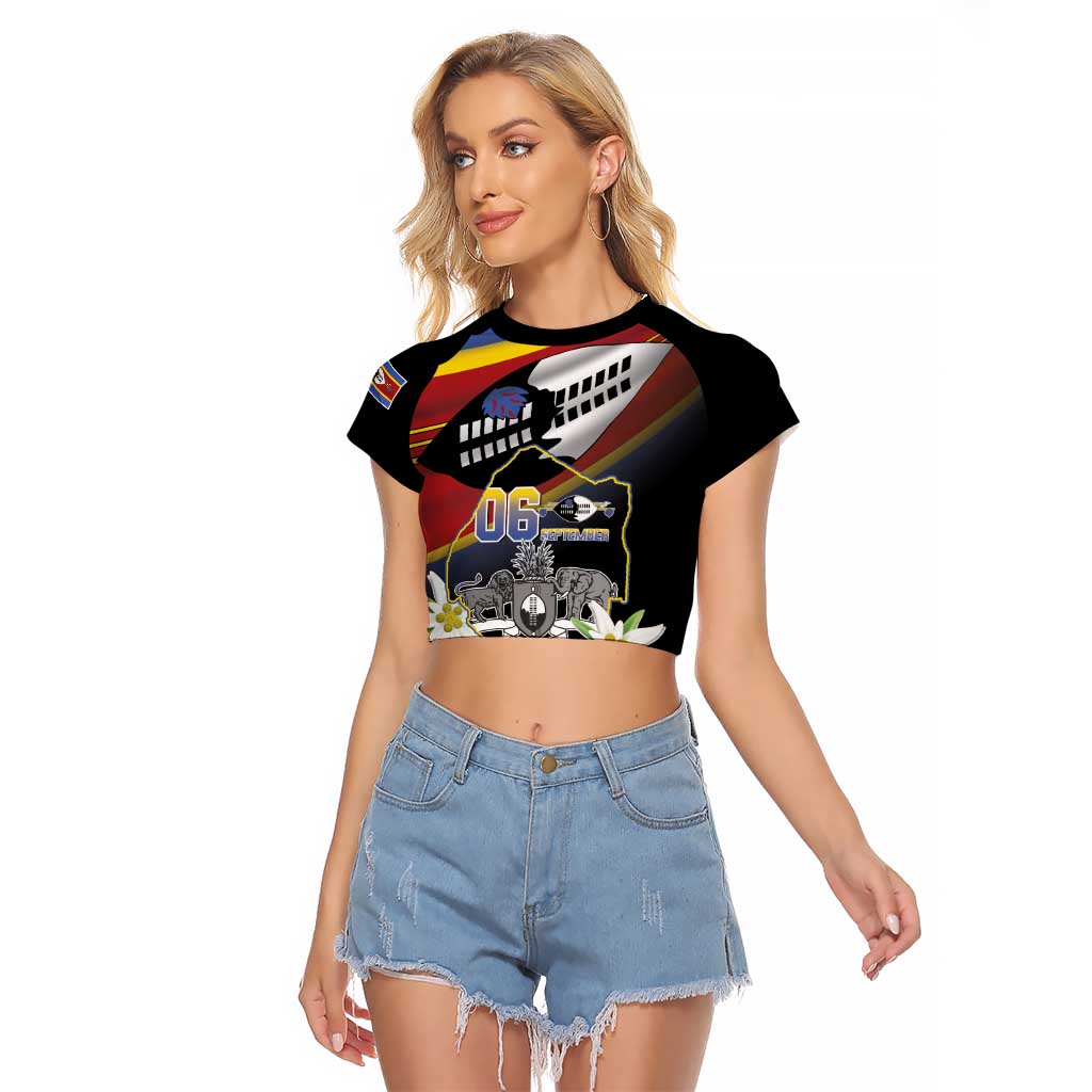 Personalized Eswatini Independece Day Raglan Cropped T Shirt Coat Of Arms With Map - Wonder Print Shop