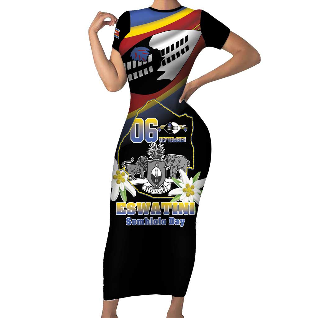 Personalized Eswatini Independece Day Short Sleeve Bodycon Dress Coat Of Arms With Map - Wonder Print Shop