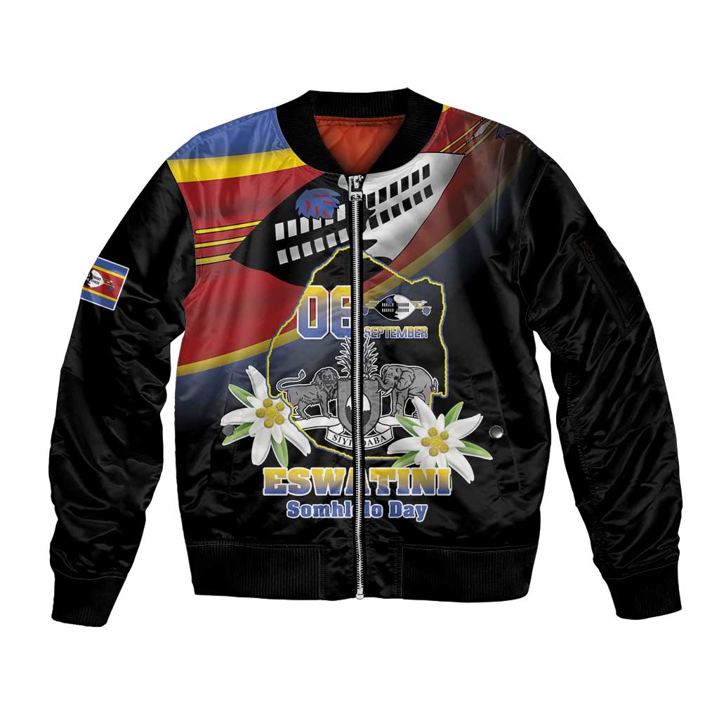 Personalized Eswatini Independece Day Sleeve Zip Bomber Jacket Coat Of Arms With Map - Wonder Print Shop