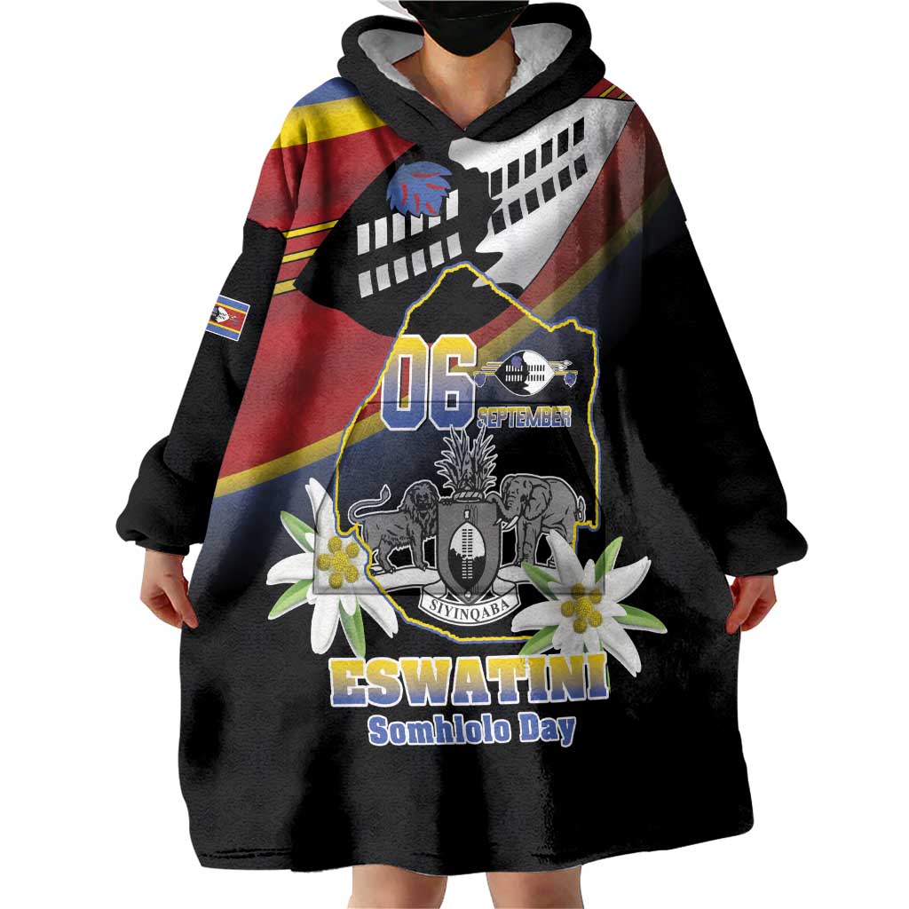 Personalized Eswatini Independece Day Wearable Blanket Hoodie Coat Of Arms With Map - Wonder Print Shop