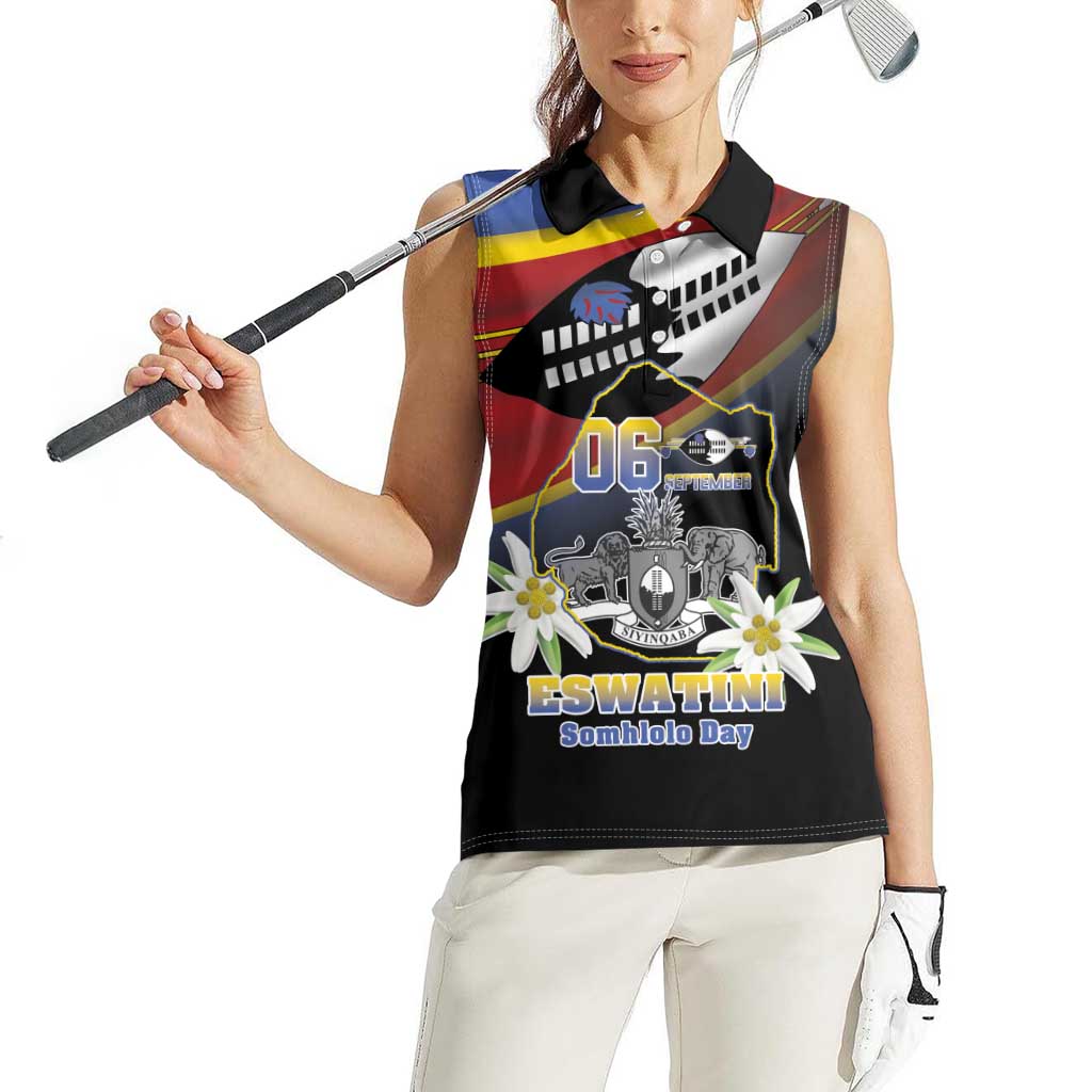 Personalized Eswatini Independece Day Women Sleeveless Polo Shirt Coat Of Arms With Map - Wonder Print Shop