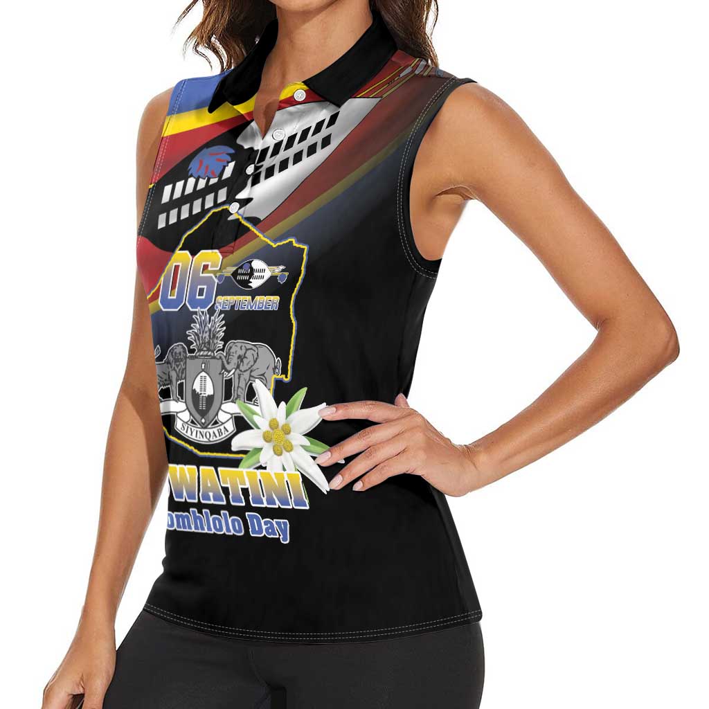 Personalized Eswatini Independece Day Women Sleeveless Polo Shirt Coat Of Arms With Map - Wonder Print Shop