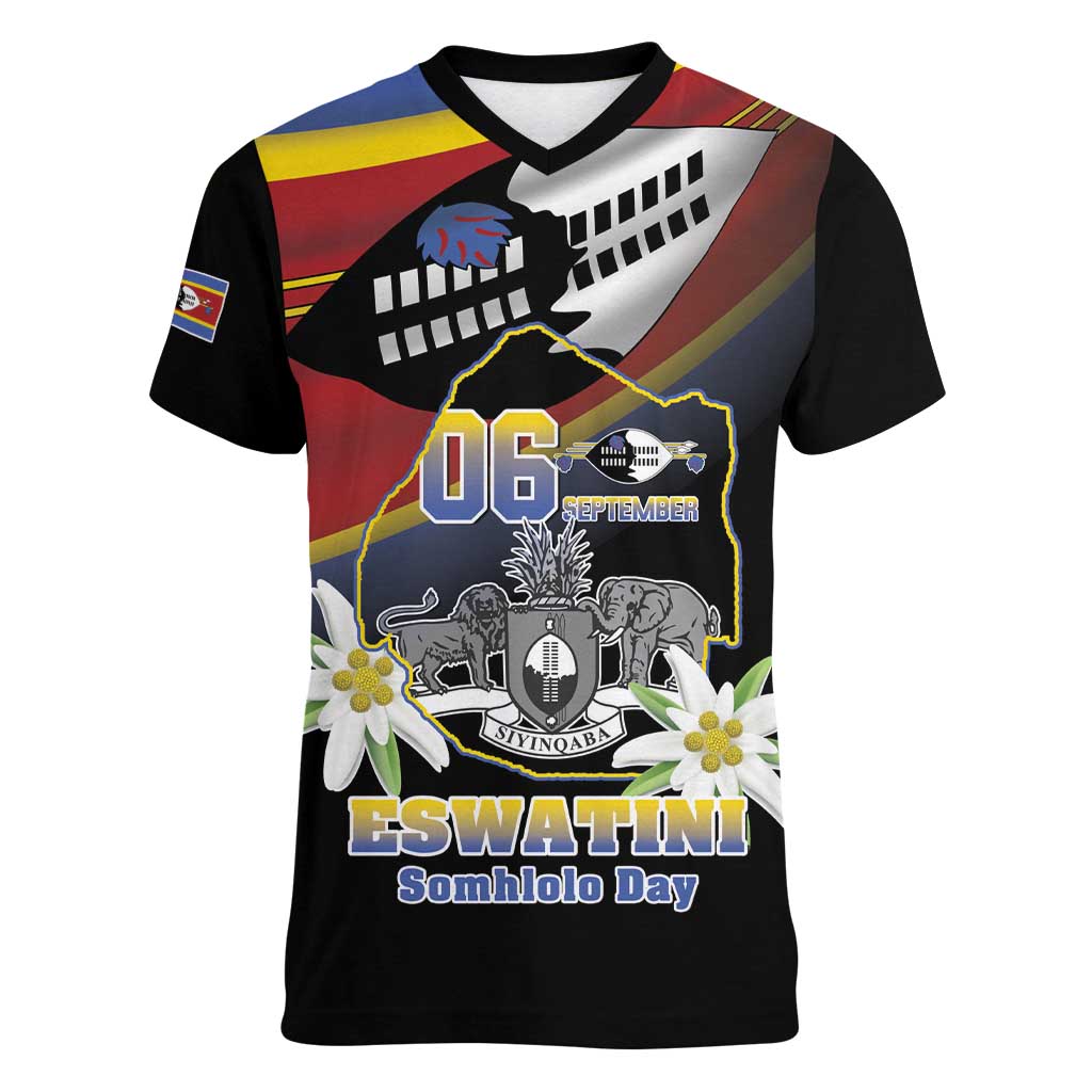 Personalized Eswatini Independece Day Women V-Neck T-Shirt Coat Of Arms With Map - Wonder Print Shop