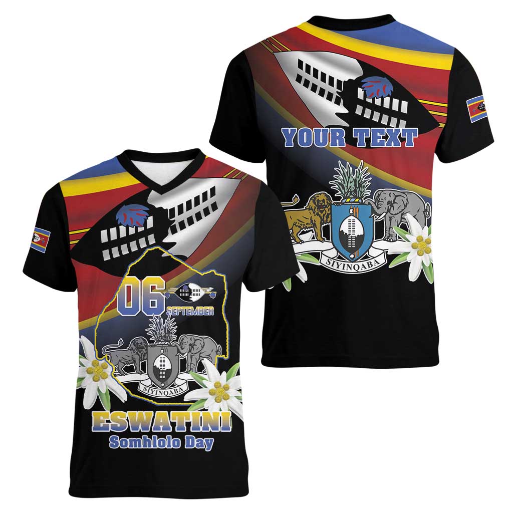 Personalized Eswatini Independece Day Women V-Neck T-Shirt Coat Of Arms With Map - Wonder Print Shop