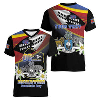 Personalized Eswatini Independece Day Women V-Neck T-Shirt Coat Of Arms With Map - Wonder Print Shop