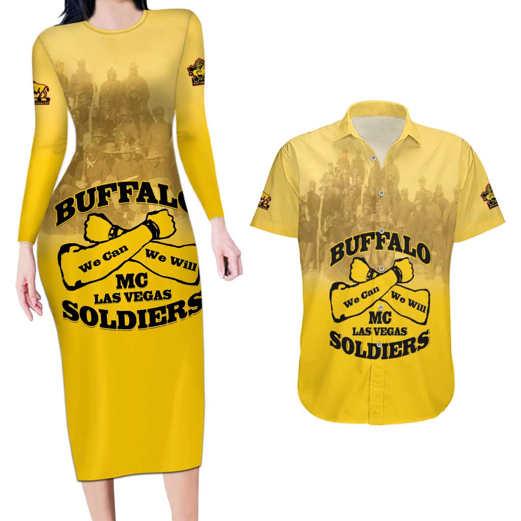 Personalized African American Buffalo Soldier Couples Matching Long Sleeve Bodycon Dress and Hawaiian Shirt We Can We Will - Yellow - Wonder Print Shop