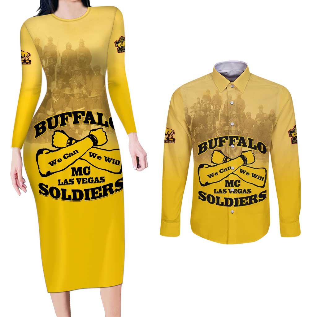Personalized African American Buffalo Soldier Couples Matching Long Sleeve Bodycon Dress and Long Sleeve Button Shirt We Can We Will - Yellow - Wonder Print Shop