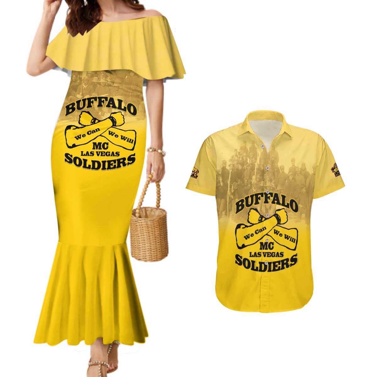 Personalized African American Buffalo Soldier Couples Matching Mermaid Dress and Hawaiian Shirt We Can We Will - Yellow - Wonder Print Shop