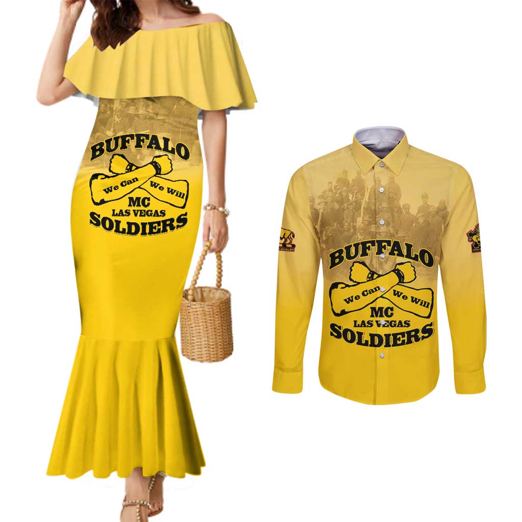 Personalized African American Buffalo Soldier Couples Matching Mermaid Dress and Long Sleeve Button Shirt We Can We Will - Yellow - Wonder Print Shop