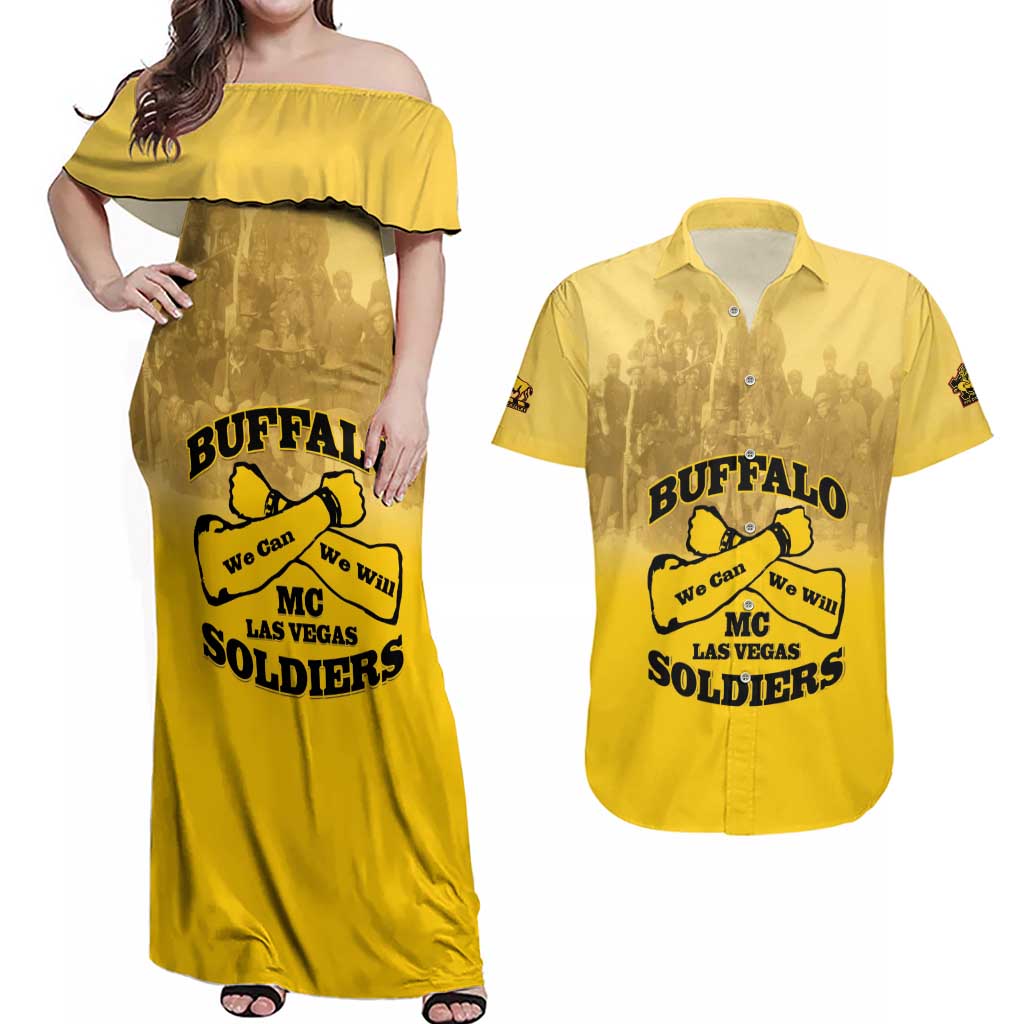 Personalized African American Buffalo Soldier Couples Matching Off Shoulder Maxi Dress and Hawaiian Shirt We Can We Will - Yellow - Wonder Print Shop