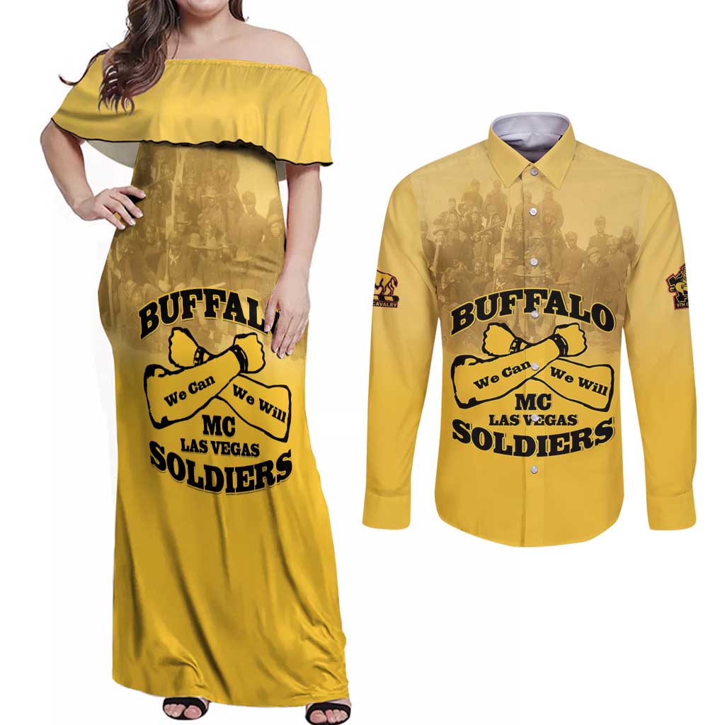 Personalized African American Buffalo Soldier Couples Matching Off Shoulder Maxi Dress and Long Sleeve Button Shirt We Can We Will - Yellow - Wonder Print Shop