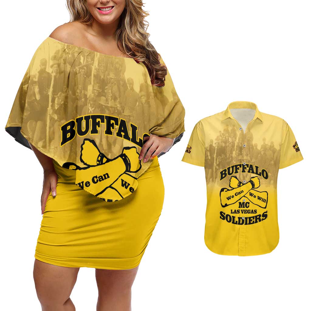 Personalized African American Buffalo Soldier Couples Matching Off Shoulder Short Dress and Hawaiian Shirt We Can We Will - Yellow - Wonder Print Shop