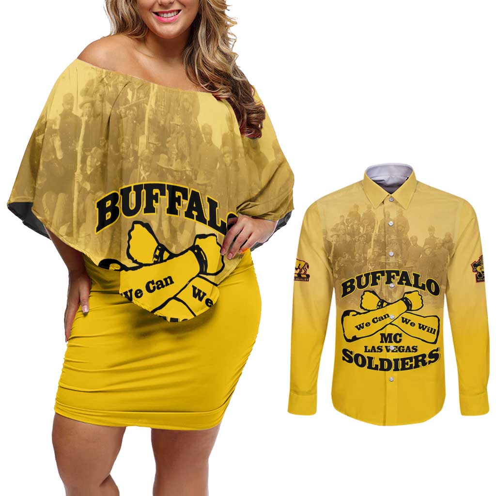Personalized African American Buffalo Soldier Couples Matching Off Shoulder Short Dress and Long Sleeve Button Shirt We Can We Will - Yellow - Wonder Print Shop