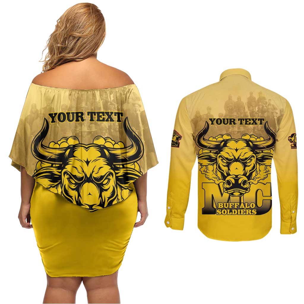 Personalized African American Buffalo Soldier Couples Matching Off Shoulder Short Dress and Long Sleeve Button Shirt We Can We Will - Yellow - Wonder Print Shop