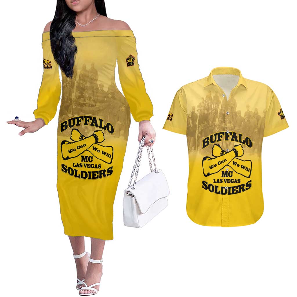 Personalized African American Buffalo Soldier Couples Matching Off The Shoulder Long Sleeve Dress and Hawaiian Shirt We Can We Will - Yellow - Wonder Print Shop