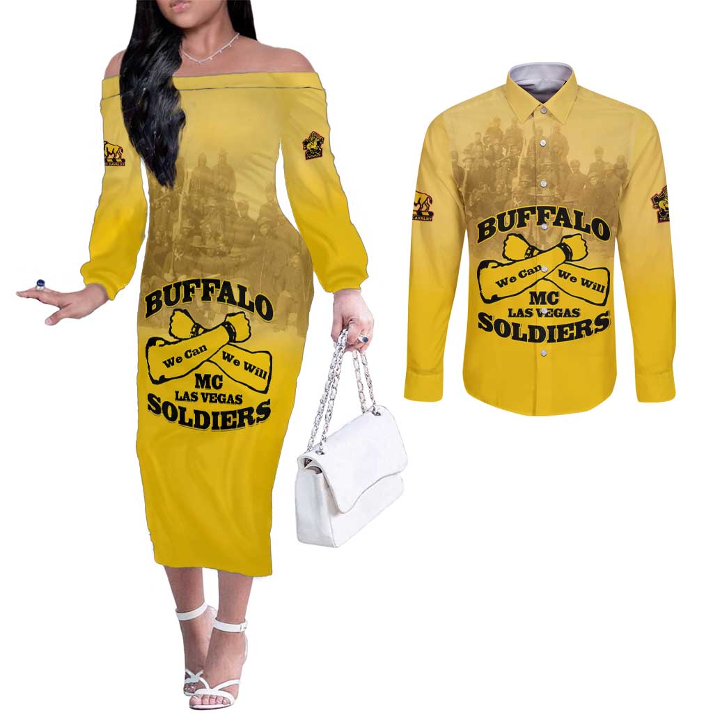 Personalized African American Buffalo Soldier Couples Matching Off The Shoulder Long Sleeve Dress and Long Sleeve Button Shirt We Can We Will - Yellow - Wonder Print Shop