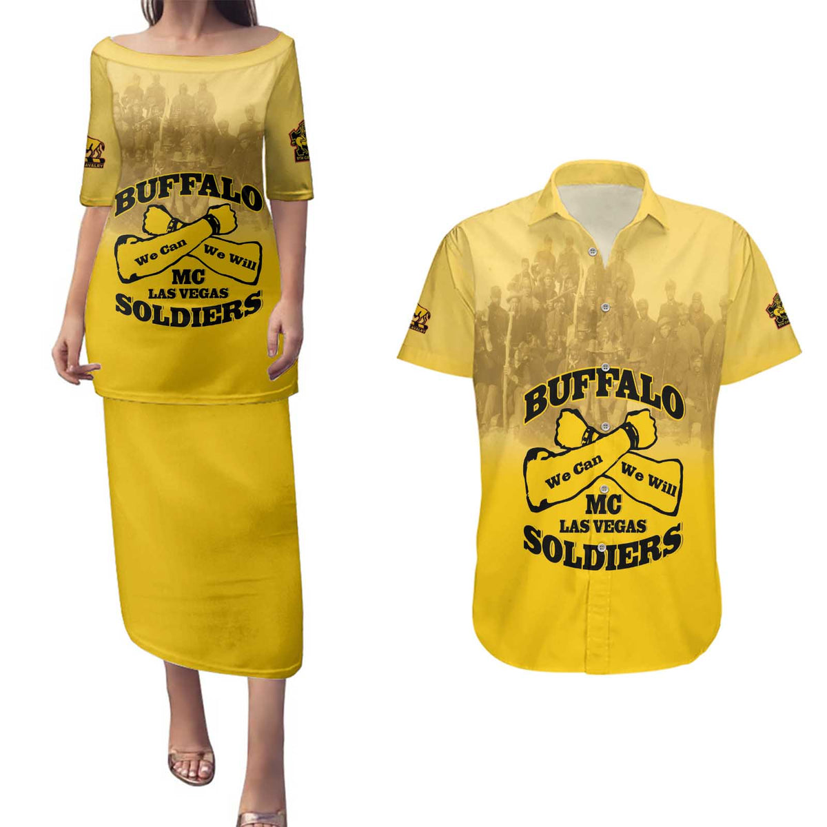 Personalized African American Buffalo Soldier Couples Matching Puletasi and Hawaiian Shirt We Can We Will - Yellow - Wonder Print Shop