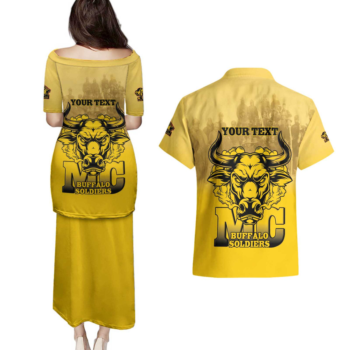 Personalized African American Buffalo Soldier Couples Matching Puletasi and Hawaiian Shirt We Can We Will - Yellow - Wonder Print Shop