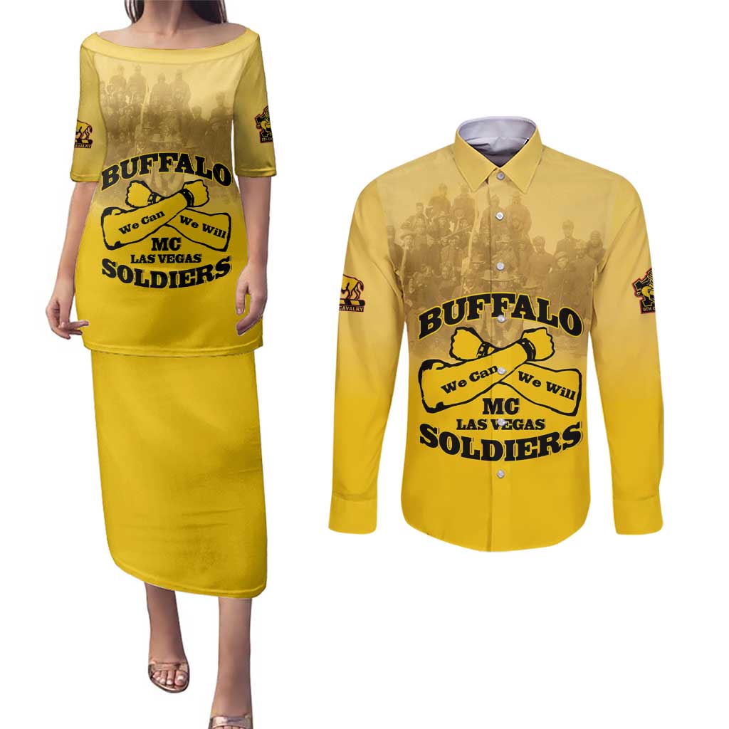 Personalized African American Buffalo Soldier Couples Matching Puletasi and Long Sleeve Button Shirt We Can We Will - Yellow - Wonder Print Shop