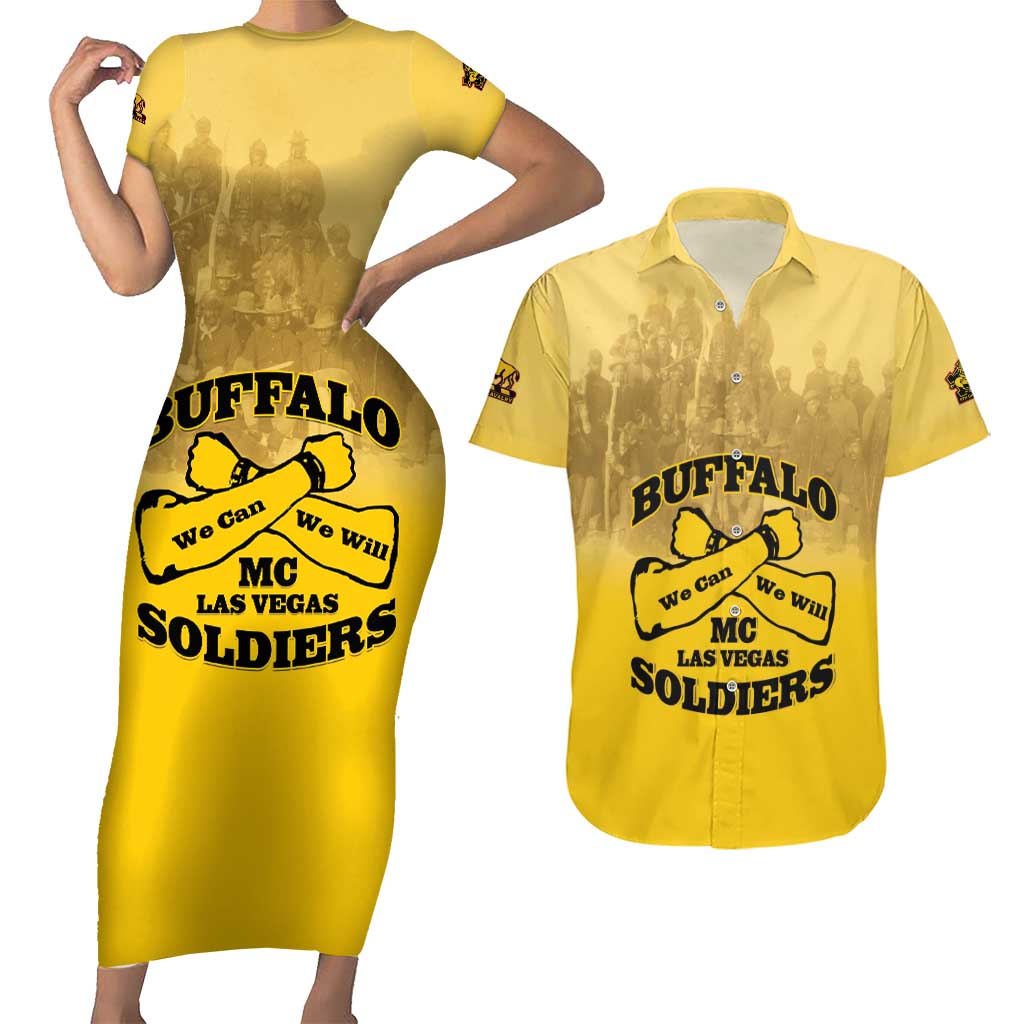 Personalized African American Buffalo Soldier Couples Matching Short Sleeve Bodycon Dress and Hawaiian Shirt We Can We Will - Yellow - Wonder Print Shop