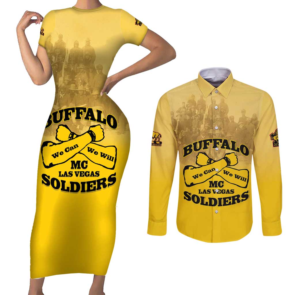 Personalized African American Buffalo Soldier Couples Matching Short Sleeve Bodycon Dress and Long Sleeve Button Shirt We Can We Will - Yellow - Wonder Print Shop