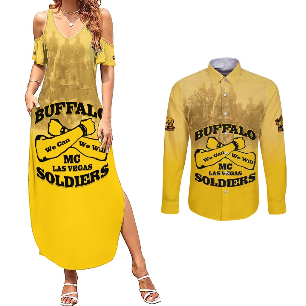 Personalized African American Buffalo Soldier Couples Matching Summer Maxi Dress and Long Sleeve Button Shirt We Can We Will - Yellow - Wonder Print Shop