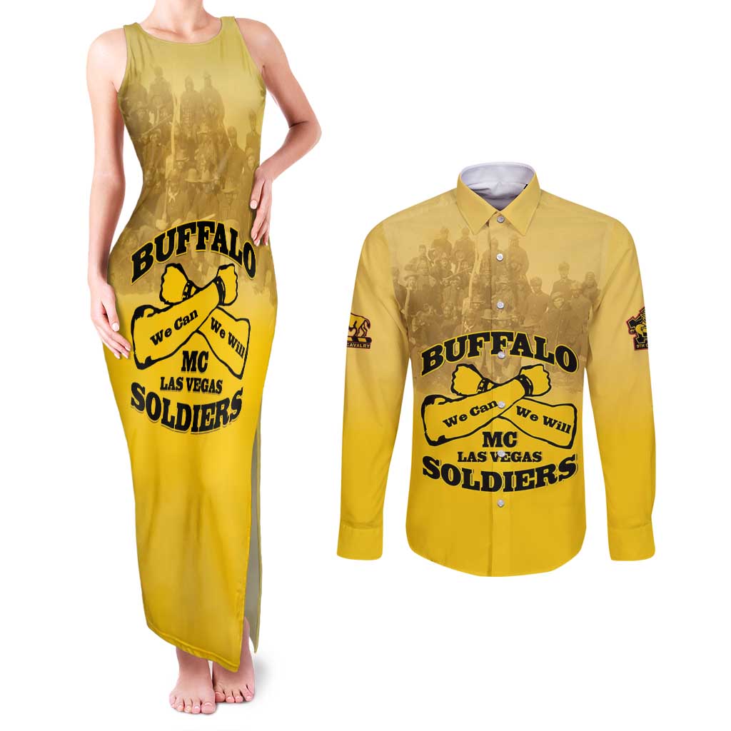 Personalized African American Buffalo Soldier Couples Matching Tank Maxi Dress and Long Sleeve Button Shirt We Can We Will - Yellow - Wonder Print Shop