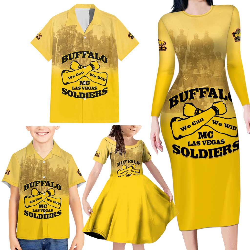 Personalized African American Buffalo Soldier Family Matching Long Sleeve Bodycon Dress and Hawaiian Shirt We Can We Will - Yellow - Wonder Print Shop
