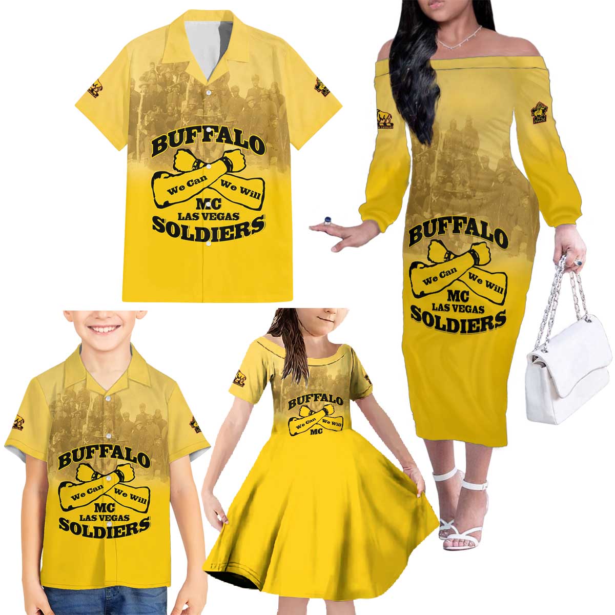 Personalized African American Buffalo Soldier Family Matching Off The Shoulder Long Sleeve Dress and Hawaiian Shirt We Can We Will - Yellow - Wonder Print Shop