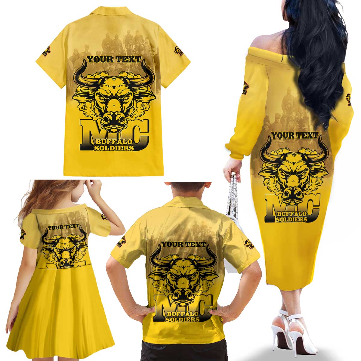 Personalized African American Buffalo Soldier Family Matching Off The Shoulder Long Sleeve Dress and Hawaiian Shirt We Can We Will - Yellow - Wonder Print Shop