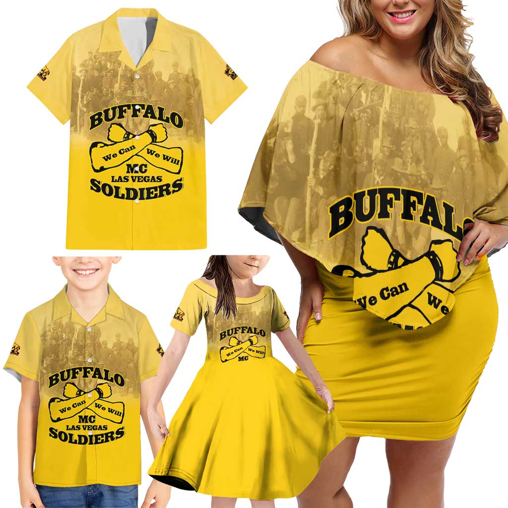 Personalized African American Buffalo Soldier Family Matching Off Shoulder Short Dress and Hawaiian Shirt We Can We Will - Yellow - Wonder Print Shop