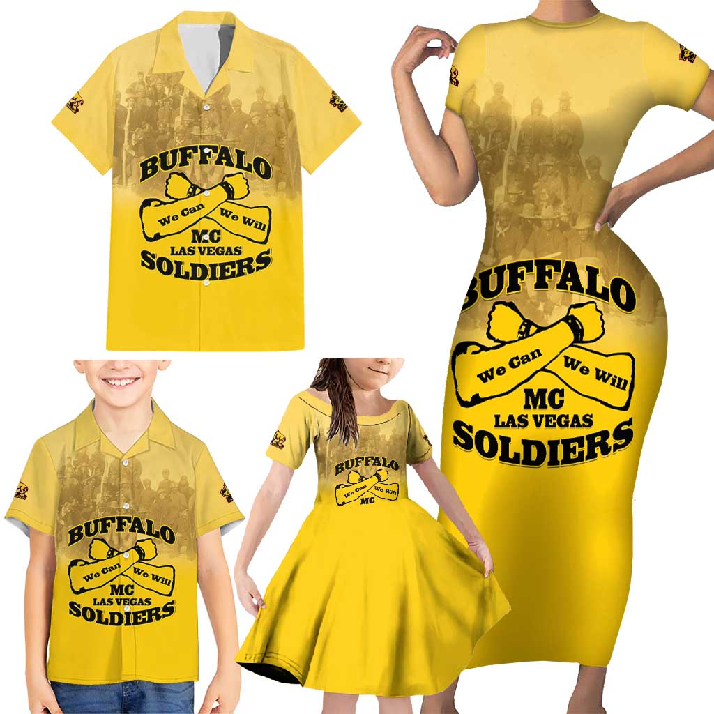 Personalized African American Buffalo Soldier Family Matching Short Sleeve Bodycon Dress and Hawaiian Shirt We Can We Will - Yellow - Wonder Print Shop