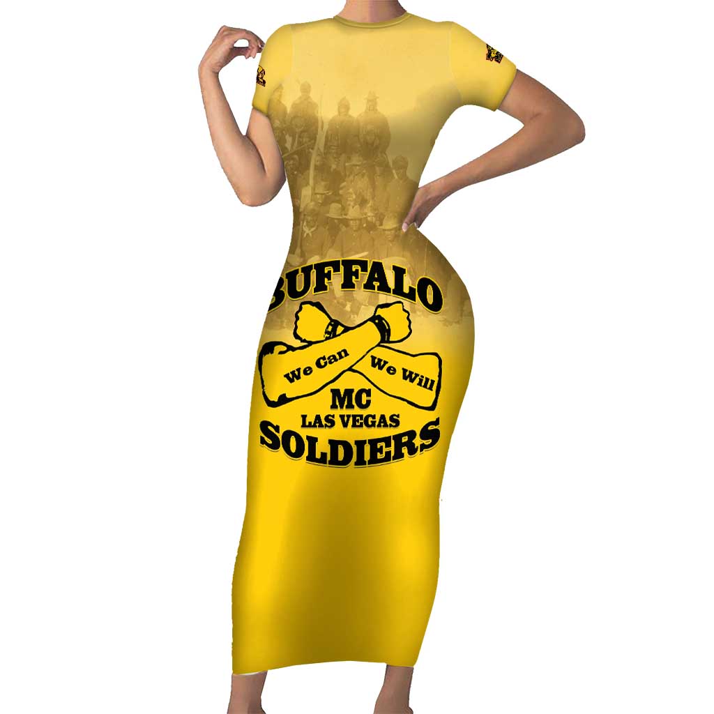 Personalized African American Buffalo Soldier Short Sleeve Bodycon Dress We Can We Will - Yellow - Wonder Print Shop