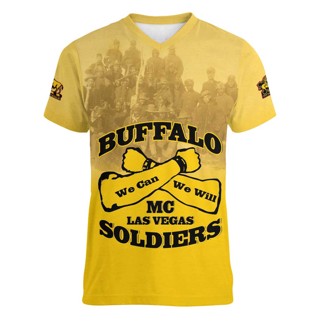 Personalized African American Buffalo Soldier Women V-Neck T-Shirt We Can We Will - Yellow - Wonder Print Shop