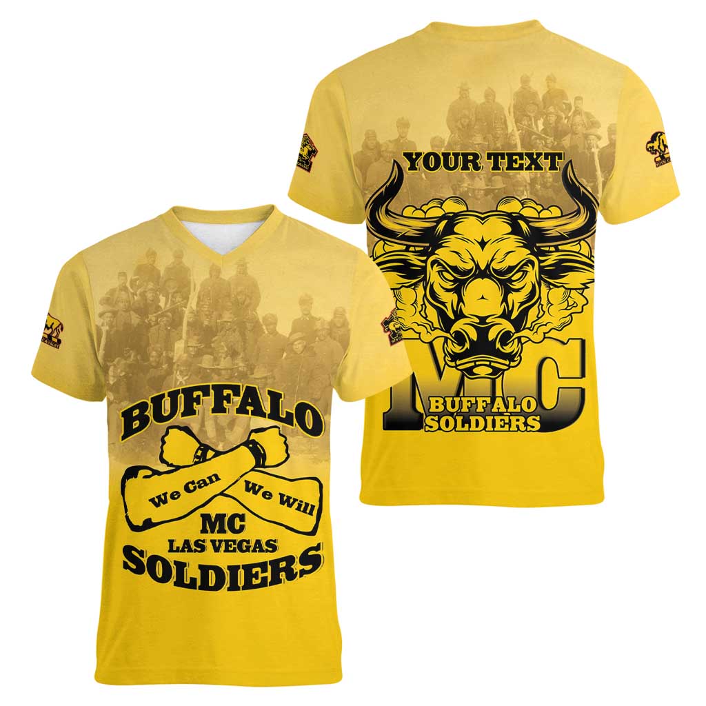 Personalized African American Buffalo Soldier Women V-Neck T-Shirt We Can We Will - Yellow - Wonder Print Shop