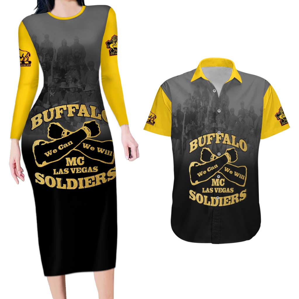 Personalized African American Buffalo Soldier Couples Matching Long Sleeve Bodycon Dress and Hawaiian Shirt We Can We Will - Black - Wonder Print Shop