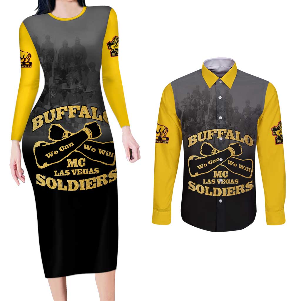 Personalized African American Buffalo Soldier Couples Matching Long Sleeve Bodycon Dress and Long Sleeve Button Shirt We Can We Will - Black - Wonder Print Shop
